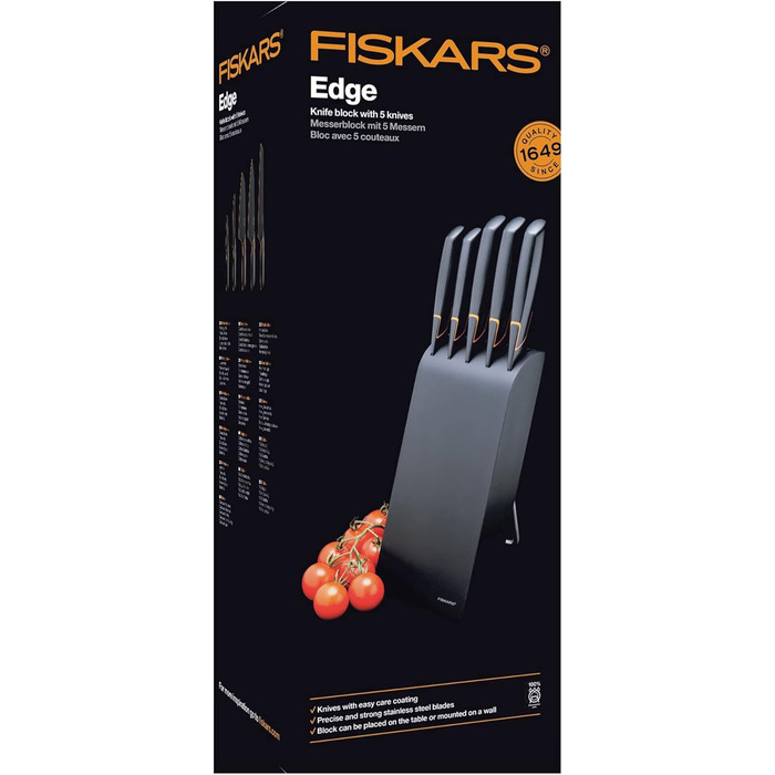 Набір ножів Fiskars Edge 5 предметів, дерев'яний блок (береза) 37 см, чорний
