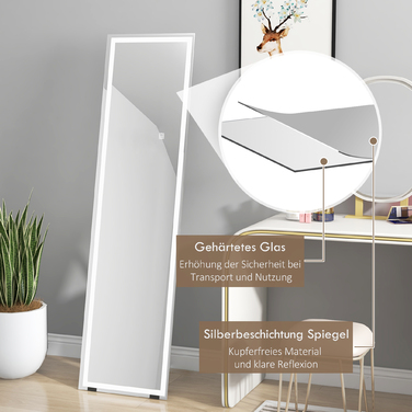 HOMCOM Full-Length Mirror 40x150cm Standing and Wall Mirror with LED Lighting, 3 Light Colors, Touch Switch in White