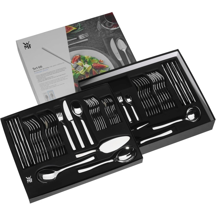 WMF Sonic 12-Person Cutlery Set, 66 Pieces, 60 Pieces with Serving Utensils, Hollow-Ground Knife, Cromargan protect polished, scratch-resistant, dishwasher-safe, 66-piece Single