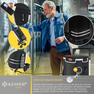 KESSER® Тележка для покупок зі сходами, з термосумкою, 56л, до 50кг | 3в1: тележка, візок, сумка через плече | Чорний