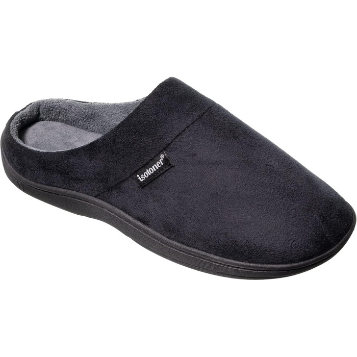 Чоловічі тапочки Isotoner з піною пам'яті та внутрішньою/зовнішньою підошвою. М'який халатний дизайн, чорний мікрозамш, середній розмір