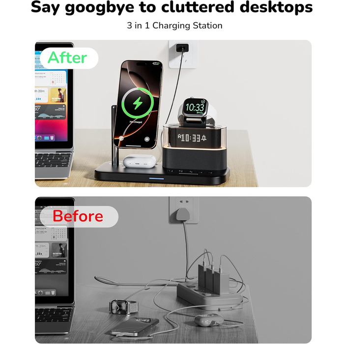 Багатофункціональний бездротовий зарядний пристрій 5 в 1 з годинником для Apple iPhone, Apple Watch, AirPods. Білий/Коричневий