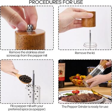 Salt and Pepper Grinder Set of 2, Manual Spice Grinder including Coaster, Cleaning Brush, Spoon (21.5 cm) - Wooden Salt Mill with Adjustable Ceramic Grinder for Spices Pepper Salt