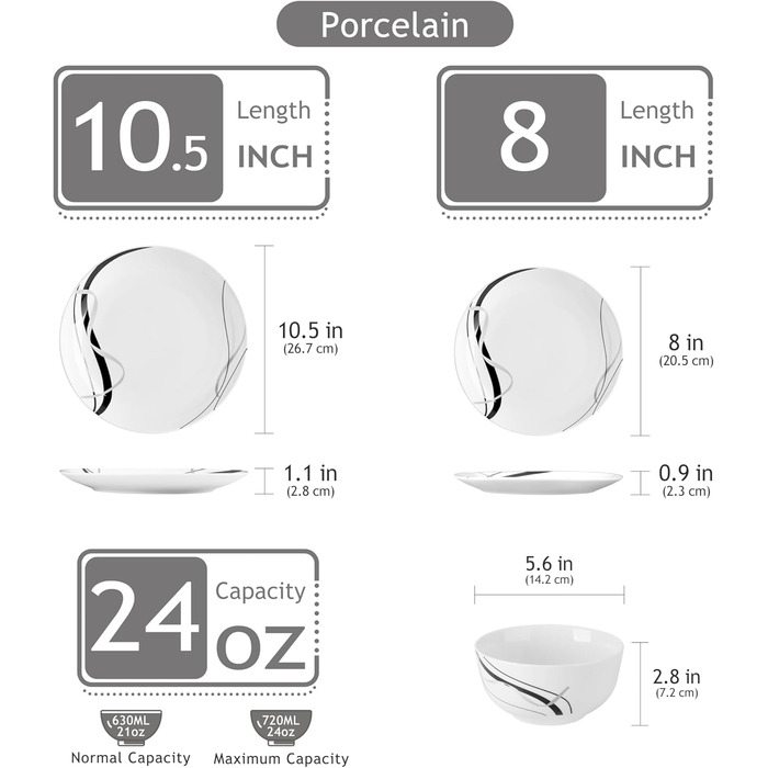 Набір посуду VEWEET FIONA для 4 осіб (12 предметів): тарілки та миски з чорними та сірими смужками, для вечері, безпечний у мікрохвильовці та посудомийній машині