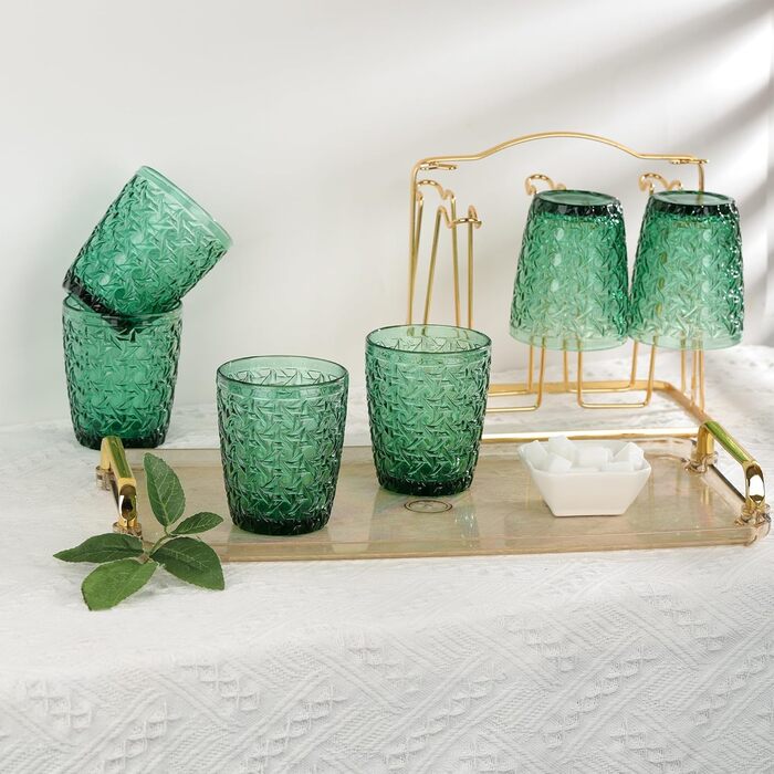 Joeyan 300ml Green Glass Set, 6-Piece, Vintage Colored Drinking Glasses with Embossed Design, Colorful Water Glasses Dishwasher Safe