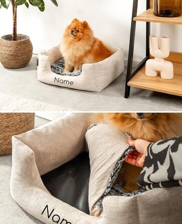 Lionto Dog Basket with Fluffy Reversible Cushion, Cozy Pet Bed in a Marbled Design with Deep Entry for Dogs & Cats of All Sizes, 80x60 cm, Soft Dog Bed, (Beige, L 60 x W 50 x H 22 cm (with name imprint))