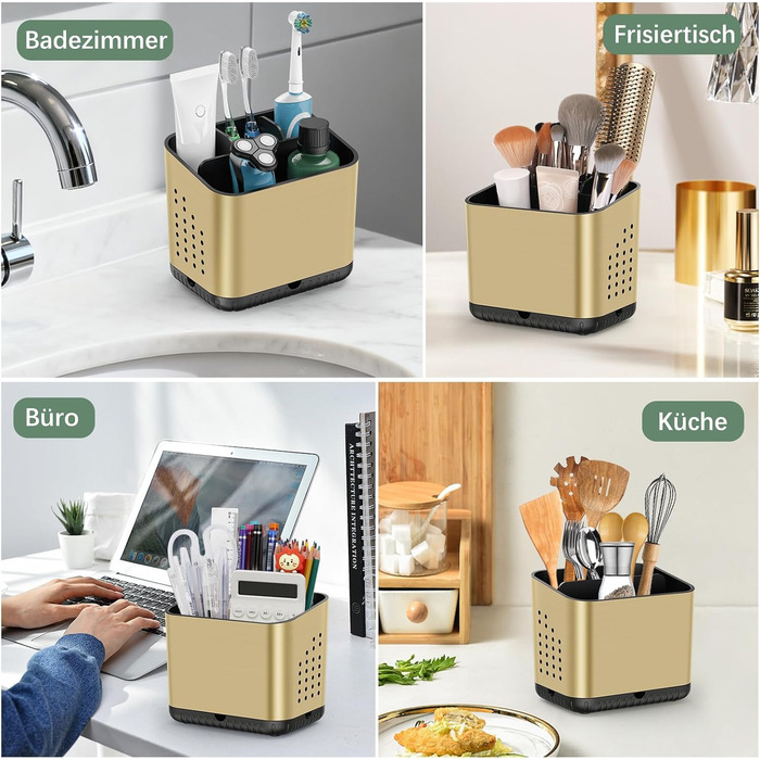 Тримач для зубних щіток електричної та звичайної, дерев'яний, з дренажними отворами, на 4 щітки, для ванної кімнати (Чорне золото, середній)