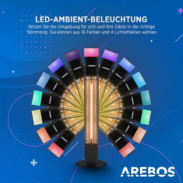 Електричний інфрачервоний обігрівач Arebos 1500W з LED-підсвічуванням та пультом керування | Обігрівач для тераси, вуличний, чорний