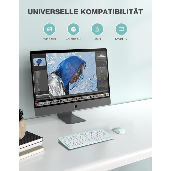 Бездротова клавіатура та миша TECKNET QWERTZ, 2.4 GHz, 15м, тиха, для ПК, ноутбука, Smart TV, білий (зелений)