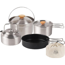 Набір кухонного посуду Pomurom Outdoor: нержавіюча сталь, для кемпінгу, пікніків та походів. Включає каструлю, чайник, набір посуду та сумку для зберігання