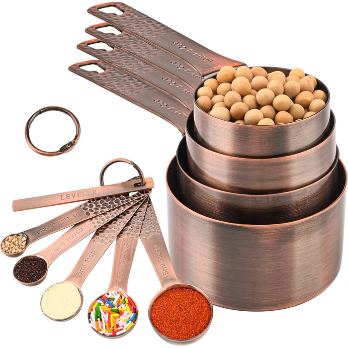 Measuring cup and spoon set, copper measuring cups and spoons, metal measuring cups, spoons, 4 kitchen measuring cups & 5 measuring spoons & 1 leveling tool, metric baking measuring cups and spoons