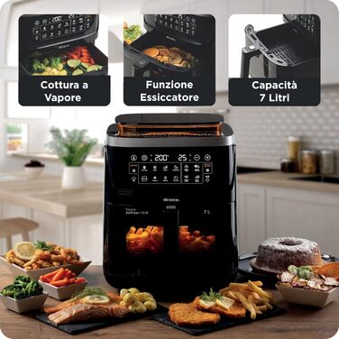 Фритюрниця Ariete 4636 з функцією пари та грилем, 1700W, сушильна функція, 10 режимів приготування, прозорий кошик, таймер, підсвітка, чорний колір