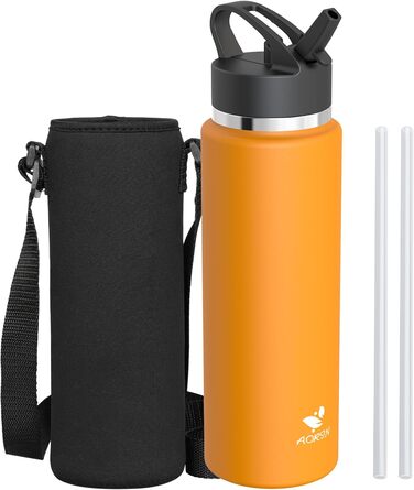 AORIN Stainless Steel Water Bottle, 500ml/750ml/1L Leak-Proof Water Bottle with Straw, BPA-Free Drinking Bottle for Kids, Vacuum Insulated Thermos for Sports, School, Fitness, Outdoor (1000 ml, Mango)