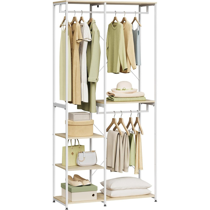 Вільна вішалка для одягу WOLTU з полицею, для спальні/коридору, стабільна, з дерева та металу, білий + світлий дуб