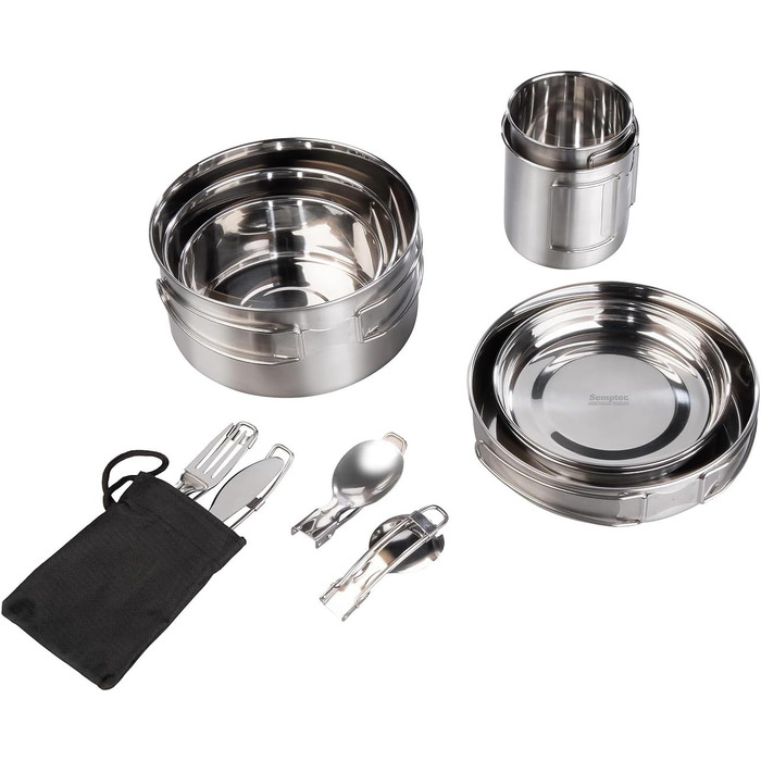 Набір для кемпінгу Semptec Urban Survival Technology: 12-ти частинний набір посуду з нержавіючої сталі з посудом, столовими приборами та сумкою (каструлі, набір посуду, газовий набір для кемпінгу)
