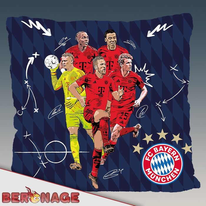 Двостороння подушка FC Bayern München 40x40 см з гравцями (Neuer, Kane, Müller, Tel) – декоративна подушка для дивана й ліжка, футбольний сувенір, ідеальна для фанатів, сумісна з постільною білизною ФКБ