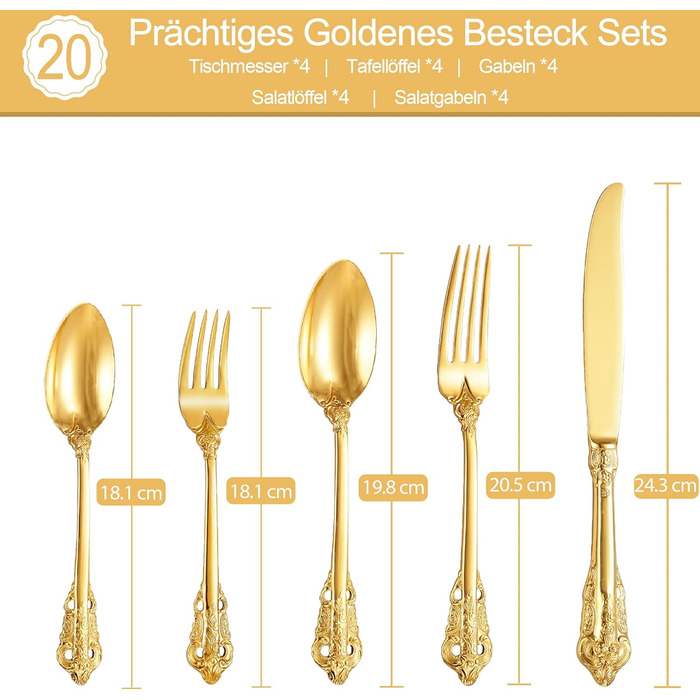 Набір столових приборів Prächtiges Barock 20 предметів з нержавіючої сталі 18/10, золотий колір, у подарунковій коробці (виделки, ложки, ножі)