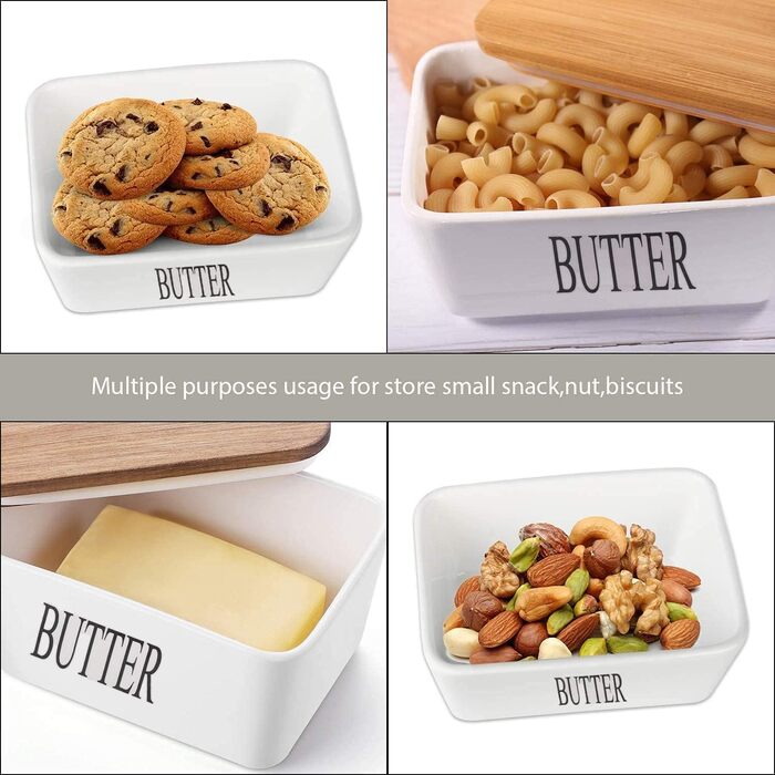 Butter dish with lid and knife, 650 ml, large ceramic butter dish, double silicone seals, butter dish for storing homemade butter, nuts and cheese