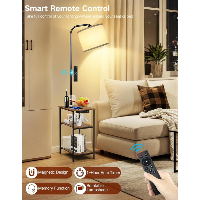 Стійка лампа для вітальні з поличкою та столом, регульована LED лампа з пультом, 3 колірні температури, приліжний столик з функцією зарядки та полицею, дерев'яний столик для спальні, офісу, коричневий в стилі рустік