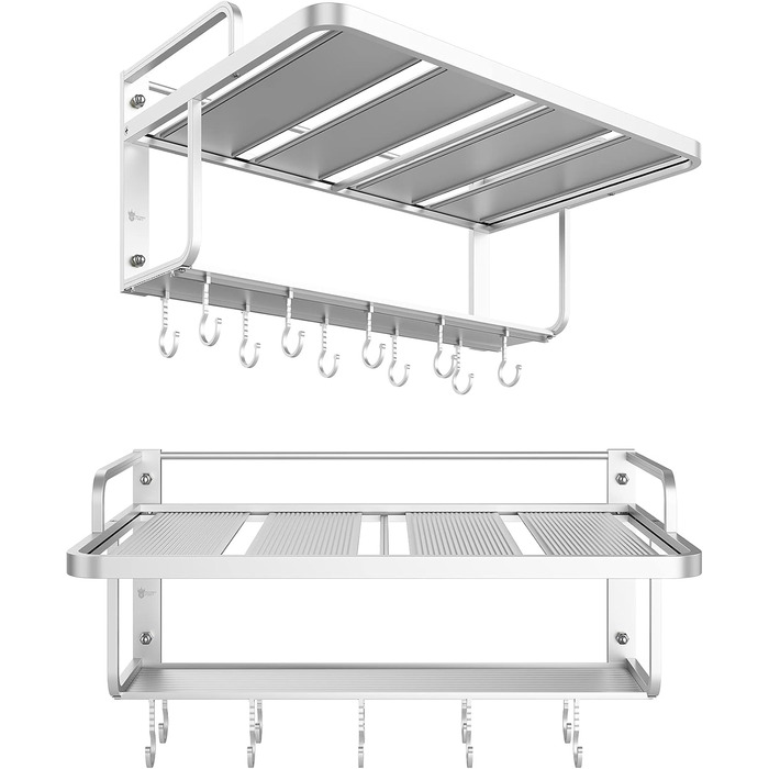 K-101 2-Layer Silver Aluminum Alloy Microwave Rack Oven Stand Kitchen Shelf Holder Wall Mount, Hanging with 10 Hooks