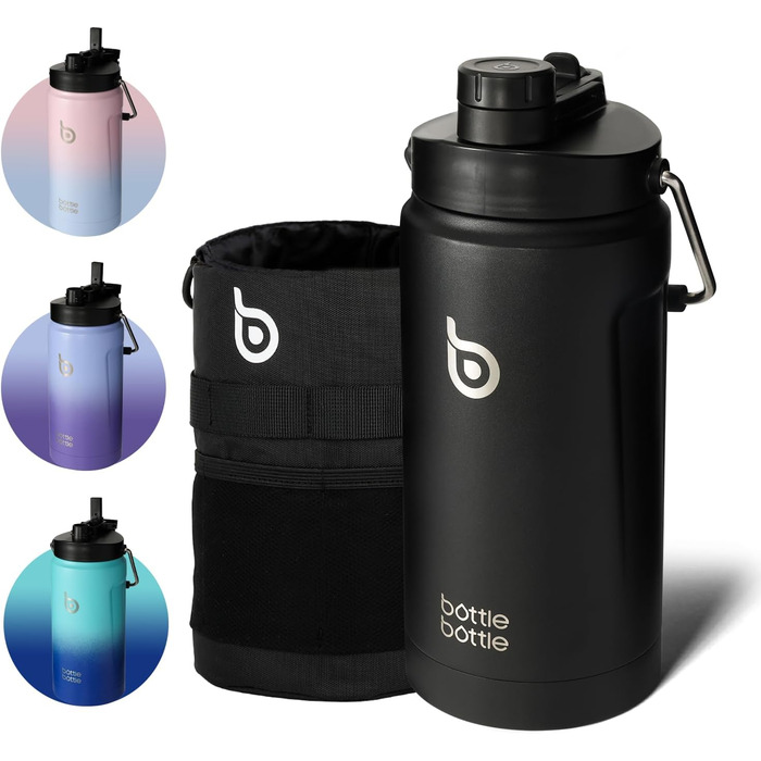 BOTTLE BOTTLE Insulated Water Bottle, 1.8L, with Straw and Double Lid, Half-Gallon Water Jug, Stainless Steel, for Workout and Sports, Insulated Growler with Handle, Black