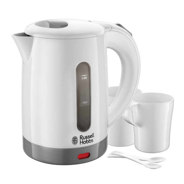 Електричний чайник Russell Hobbs 0.85л з адаптацією до напруги, для подорожей (1000W, 2 чашки, 2 ложки)