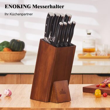 ENOKING Knife Block without Knives, Acacia Wood Knife Block, Knife Holder with Removable Plastic Bristles, Universal Wood Knife Block for the Kitchen Counter
