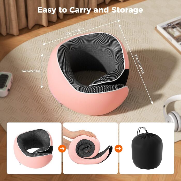 Подушка для шиї у подорожах: м'яка, з піною з пам'яті, з навушниками та маскою для очей (рожева)