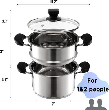ZENFUN Stainless Steel Steamer Pot with Basket, 1.6 Liter Soup Pot with Glass Lid, Mini Steamer Cookware with Handle for Vegetables, Sauce for Stove, Induction, Gas, Electric, Grill