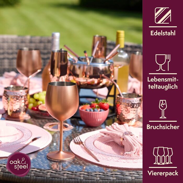 Набір з 4 келихів для вина з нержавіючої сталі Oak & Steel (540 мл) - матовий рожево-золотий/мідний колір - міцні та незламні - подарунковий набір для днів народжень, весіль та Різдва