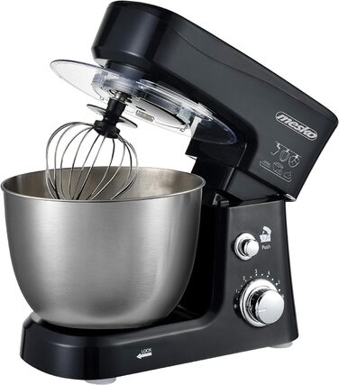 Кухонна машина Mesko MS 4217, 3,5 л, 1200 Вт, 6 швидкостей, нержавіюча сталь, міксер для тіста, вінчики, захист від бризок, сріблясто-чорна