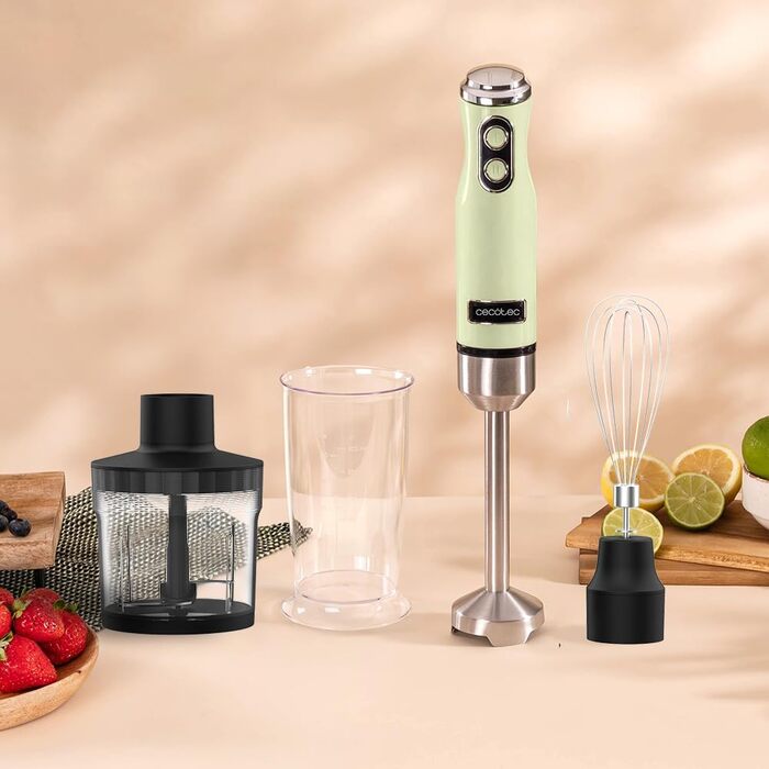 Блендер Cecotec Stabmixer Power RetroGreen 1200MAX Cream&Crush: 1200 Вт, CrossBlades, 2 швидкості, набір аксесуарів, кришка від бризок