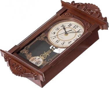 Clockwise Vintage Grandfather Wood-Look Plastic Pendulum Decorative Battery-Operated Wall Clock Brown for Office, Home Decor, Living Room, Kitchen or Dining Room, Brown