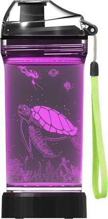 Kids' Water Bottle with 3D Glowing Turtle, LED Light – Tritan, BPA-Free, Creative, Ideal as a Travel Mug, Gift for Starting School, Girls, Boys, Picnic (Sea Turtle, 400 ml)