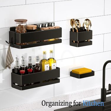 Набір полиць для ванної кімнати (5 шт.) з мильничкою та тримачем для зубних щіток, без свердління, для ванної та кухні (Сірий/Чорний)