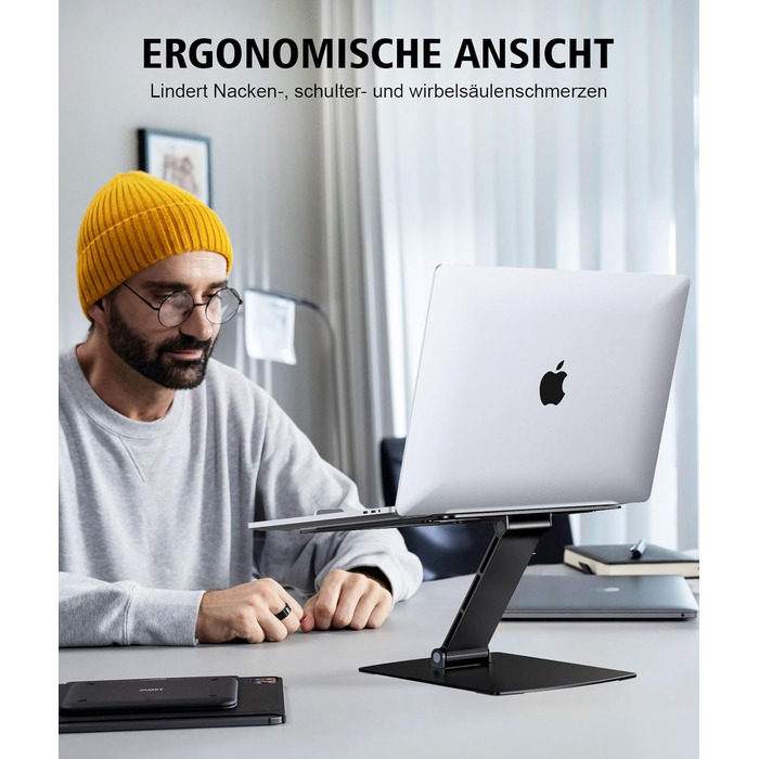 Підставка для ноутбука Glangeh, регульована по висоті, ергономічна, портативна, для столу, складна, з алюмінію, сумісна з MacBook Air Pro (10–16 дюймів), чорна