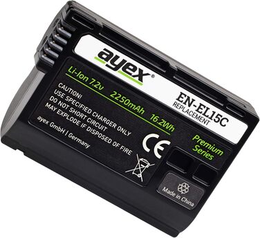 Зарядний пристрій Ayex USB для акумуляторів Nikon EN-EL15 (2250 mAh) з LCD-дисплеєм, сумісний з Nikon Z7 II, Z6 II, Z5, D850, D780, D750, D600