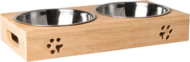 Слюсарка для кормів для домашніх тварин LAUBLUST - підставка для мисок з бамбуку, 2 нержавіючі миски | Миски для корму для собак та котів (приблизно 49 x 26 x 7 см | XL)