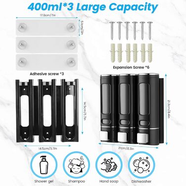 Дозатор для мила Qudubuy, 400 мл, 3 відсіки, настінний, для душу, шампуню, кондиціонера, без свердління, для ванної та кухні, велика місткість