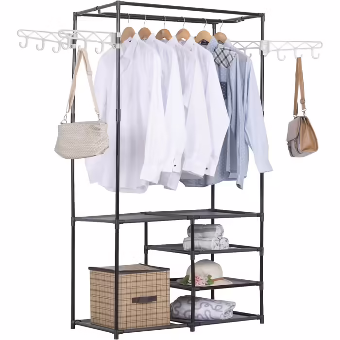 Wardrobe open, coat rack with clothes rail and 12 hooks, freestanding wardrobe with shelf, for dressing room, bedroom, 44 x 87 x 158 cm, Black