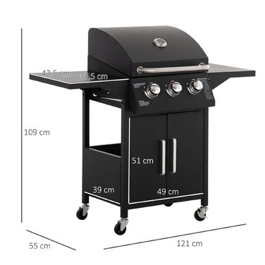 Газовий гриль Outsunny BBQ з 3 пальниками, 3 кВт, мобільний гриль-візок на колесах, сітчаста решітка для гриля, бічні столики, редуктор, шланги, 121 x 55 x 109 см | Aosom