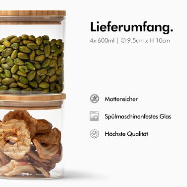 Скляні банки KIVY для зберігання з кришкою, 4 шт. по 600 мл - герметичні контейнери для кухні