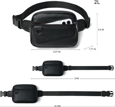 Чоловіча та жіноча поясна сумка, 2 л, веганська шкіра, коричнева, 8 дюймів, для подорожей, піших прогулянок, бігу. Модна бананка (чорна)
