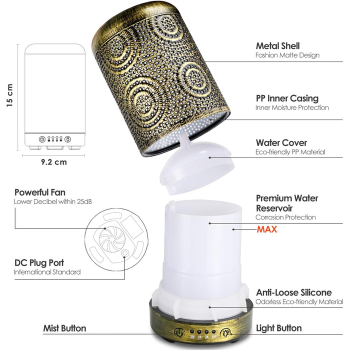 SALKING Аромадифузор, 100 мл, Металевий, для дому та офісу, з підсвіткою, 7 кольорів, для ефірних олій, зволожувач повітря, золотий