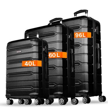 Валіза NOWI Rhodos – 3-секційний набір, жорсткий корпус ABS, кодовий замок, 4 колеса, розширювана, 360° обертання, легка та міцна. Розміри: M, L, XL (Чорний, SET)