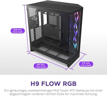NZXT H9 Flow 2025 – великий корпус для ПК Mid-Tower з двома камерами, чорного кольору. Підтримка 3 x 140мм та 1 x 120мм вентиляторів, радіатор до 420мм, загартоване скло, готова підключення ззаду.