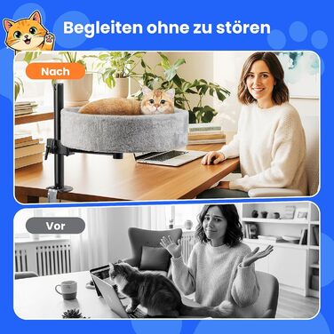 BSWAY Крісло-гніздо для кота на стіл - Покращена 360° обертання, регульована висота, без свердління. Підвищене котяче ліжко над столом. Тримає кошеня/кота близько, робочий простір вільний. Крісло-ліжко для кота на стіл (Сірий, XL)