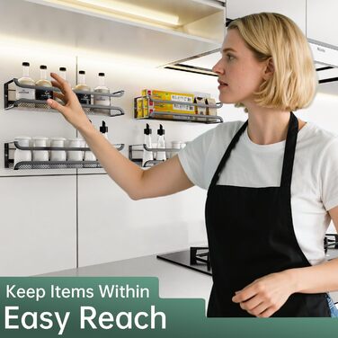 Настінна полиця для спецій, 4 шт. Організатор для спецій з рухомими гачками, полиця для спецій на кріпленнях (клей/шурупи), металева, для кухні та шафи