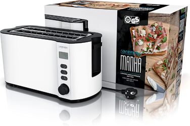 Тостер Arendo з нержавіючої сталі з 4 широкими слотами, подвійними стінками, інтегрованим тримачем для булочок, ступенями підсмажування 1-6, центровкою хліба, автоматичним вимкненням та дисплеєм з індикатором часу. Колір: білий