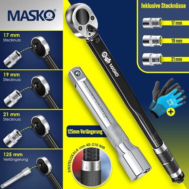 Набір динамометричних ключів MASKO 6 шт, 40-210 Нм, 1/2'' з насадками 17/19/21 мм, подовжувачем 125 мм, рукавицями, кейсом, для авто, чорний